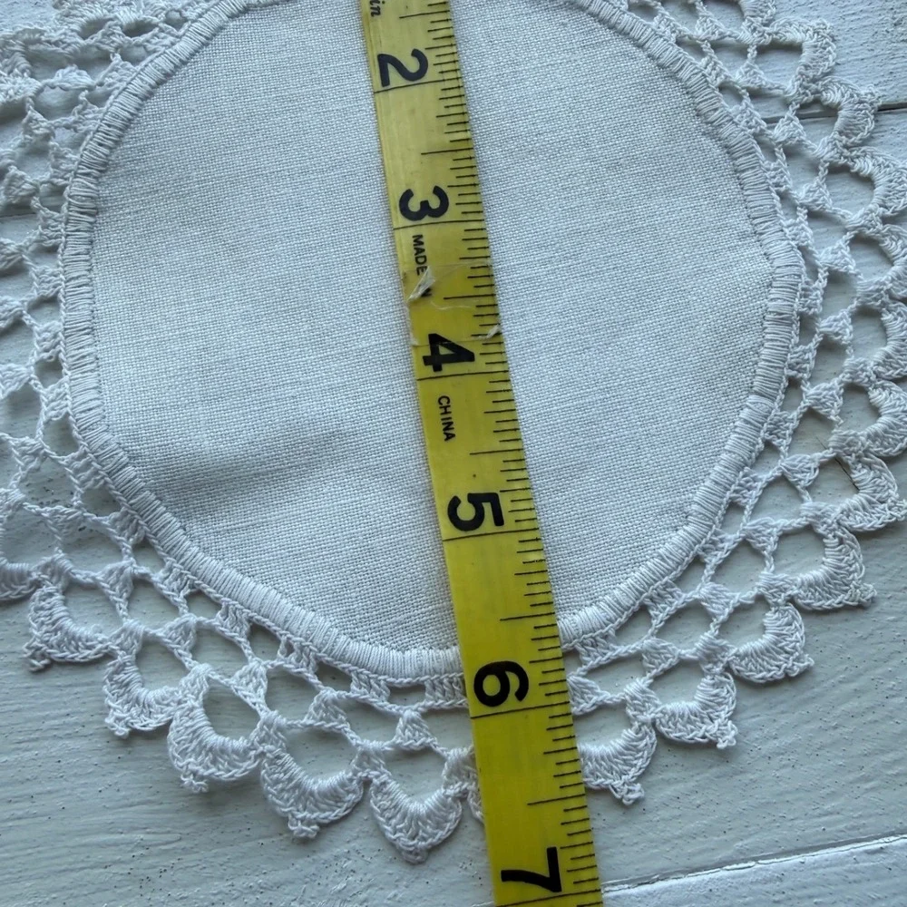 Vintage White Linen Embroidered Crochet Lace Doilies Set of 3 Coasters 7-8 Inch